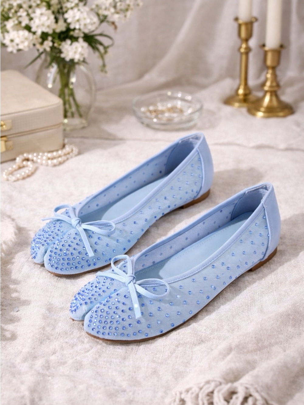 Azarayah Crystal Mesh Tabi Ballet Flat with Bow Detail